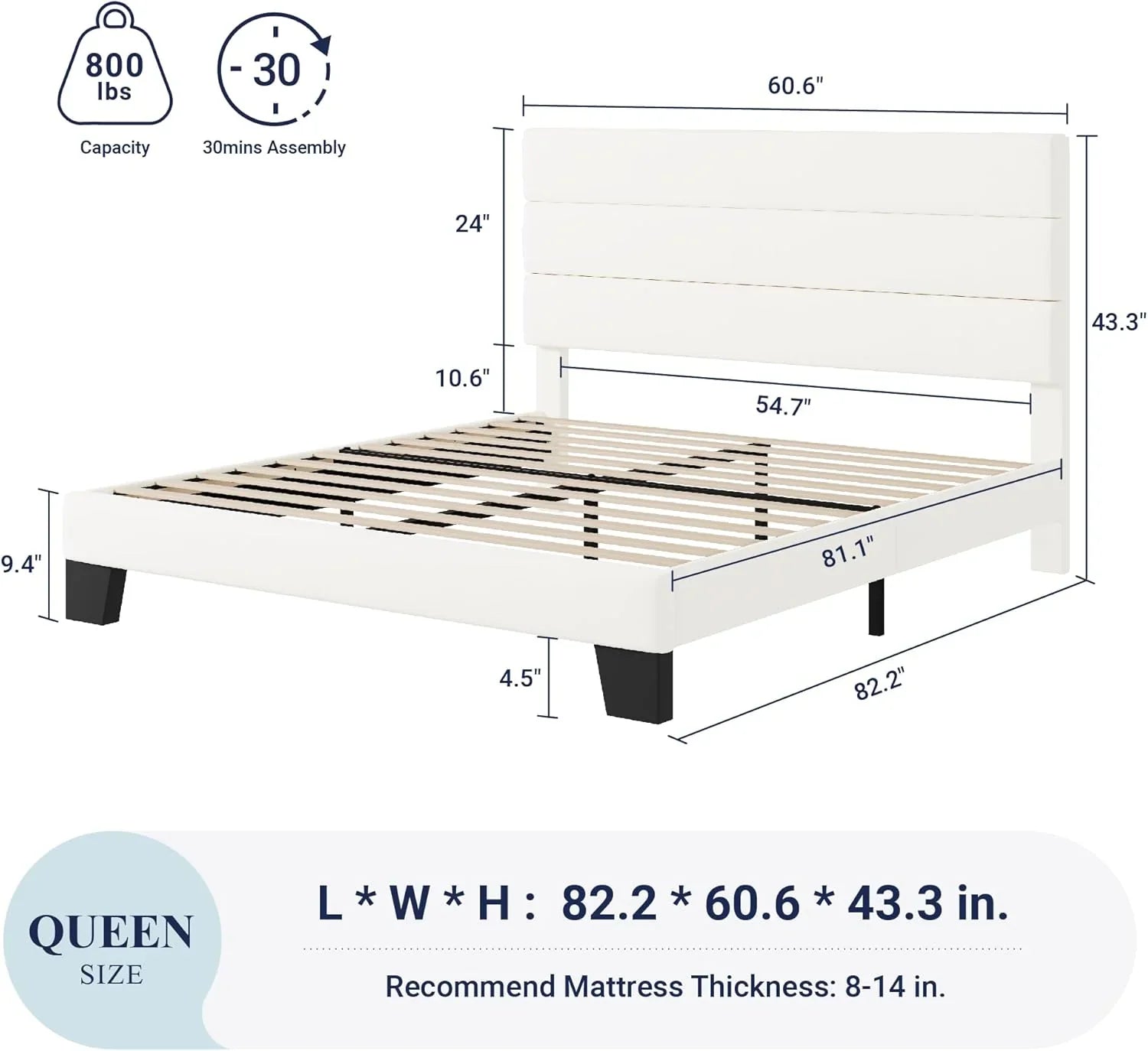 Allewie Queen Size Platform Bed Frame with Fabric Upholstered Headboard Wooden Slats Support