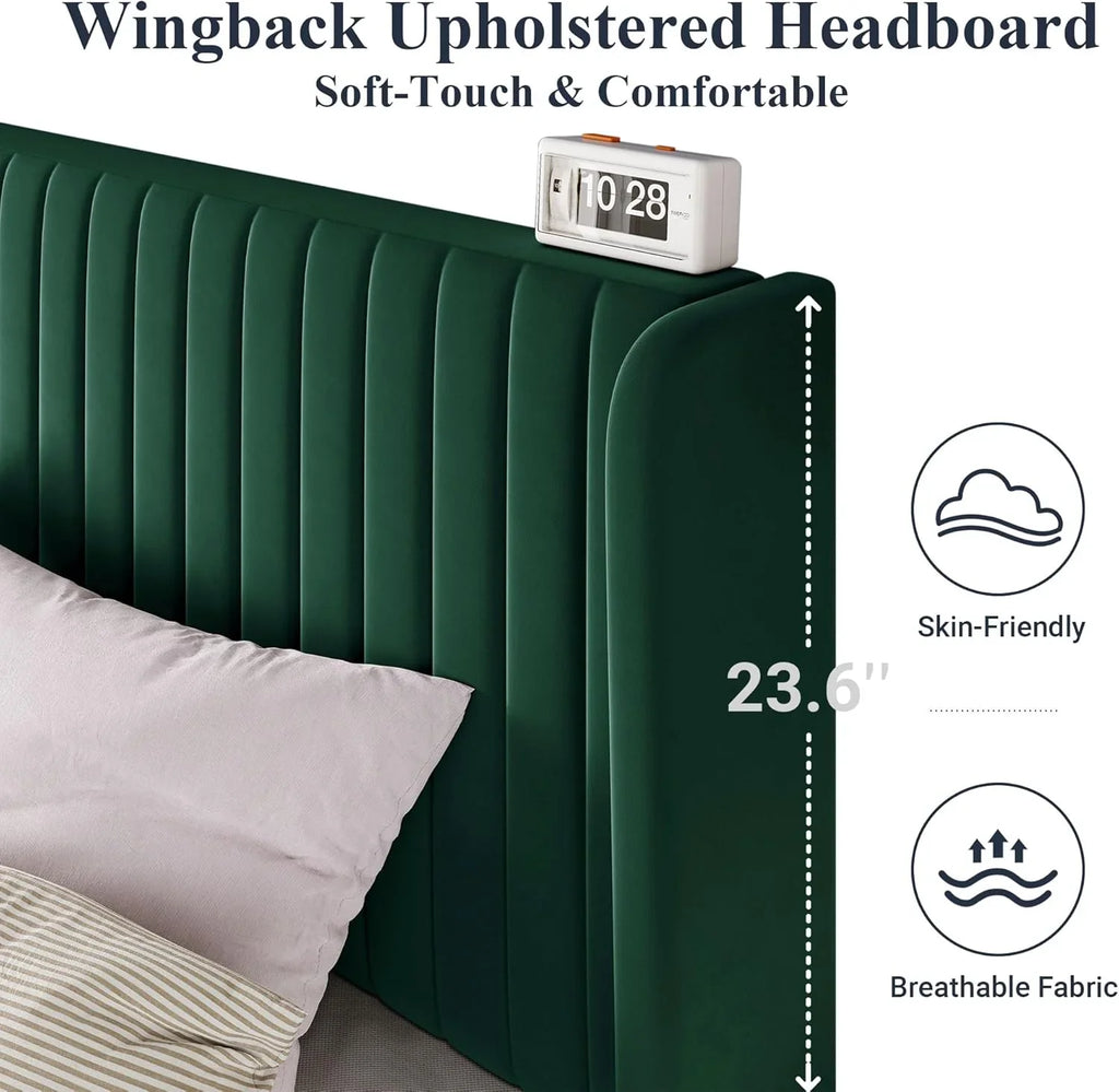 Allewie Full Size Velvet Bed Frame Vertical Channel Tufted Wingback Headboard Upholstered Bed