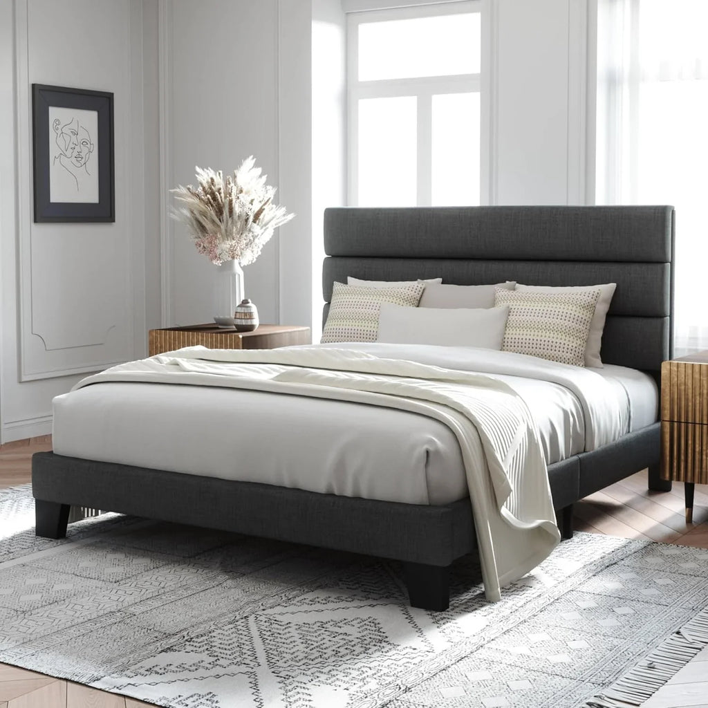 Allewie Queen Size Platform Bed Frame with Fabric Upholstered Headboard Wooden Slats Support