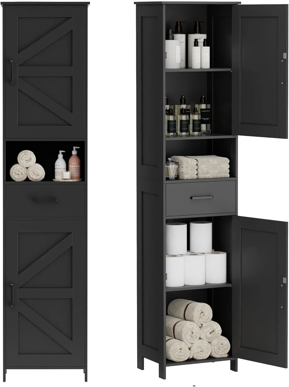Homhedy 67" H Tall Bathroom Storage Cabinet with 2 Barn Doors and 1 Drawer Narrow Storage Unit