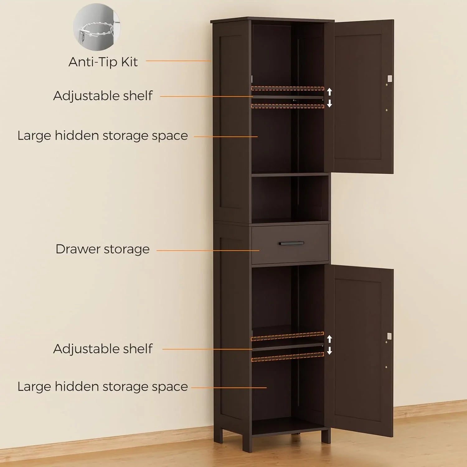 Homhedy 67" H Tall Bathroom Storage Cabinet with 2 Barn Doors and 1 Drawer Narrow Storage Unit