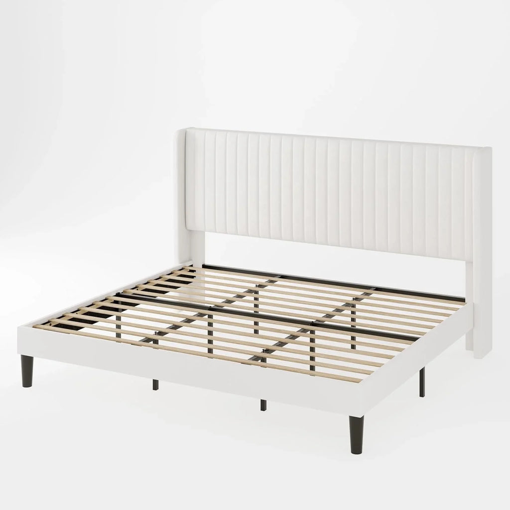 Allewie Full Size Velvet Bed Frame Vertical Channel Tufted Wingback Headboard Upholstered Bed