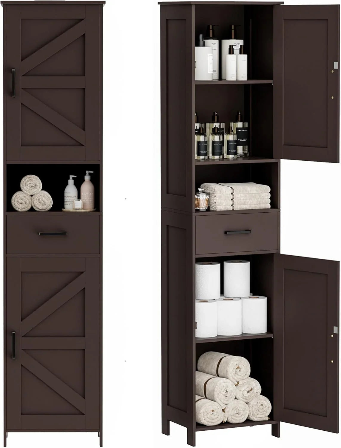 Homhedy 67" H Tall Bathroom Storage Cabinet with 2 Barn Doors and 1 Drawer Narrow Storage Unit