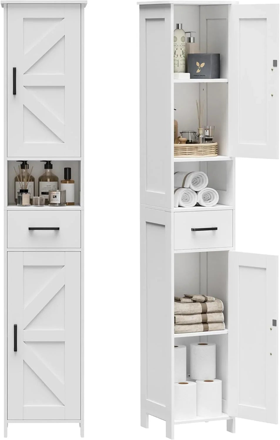 Homhedy 67" H Tall Bathroom Storage Cabinet with 2 Barn Doors and 1 Drawer Narrow Storage Unit