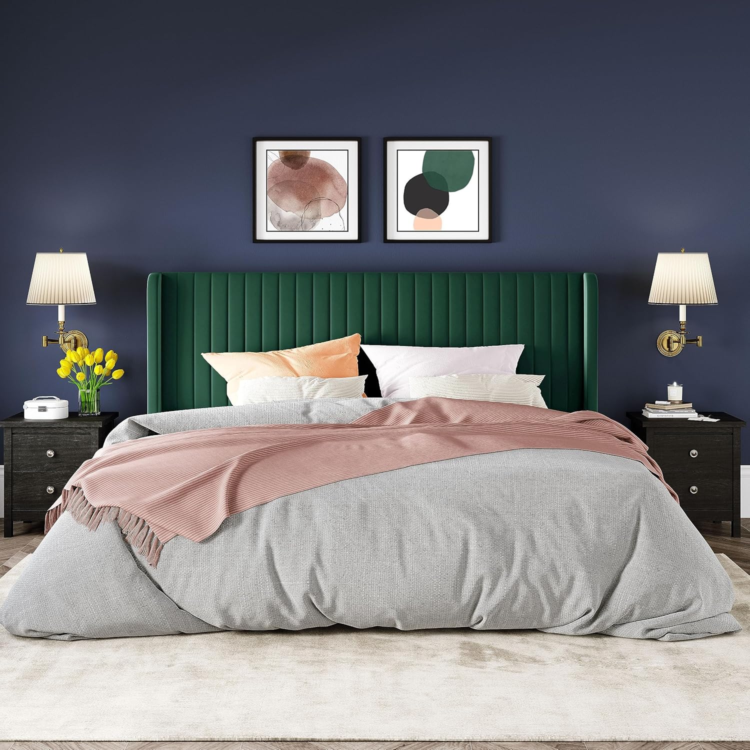 Allewie Full Size Velvet Bed Frame Vertical Channel Tufted Wingback Headboard Upholstered Bed