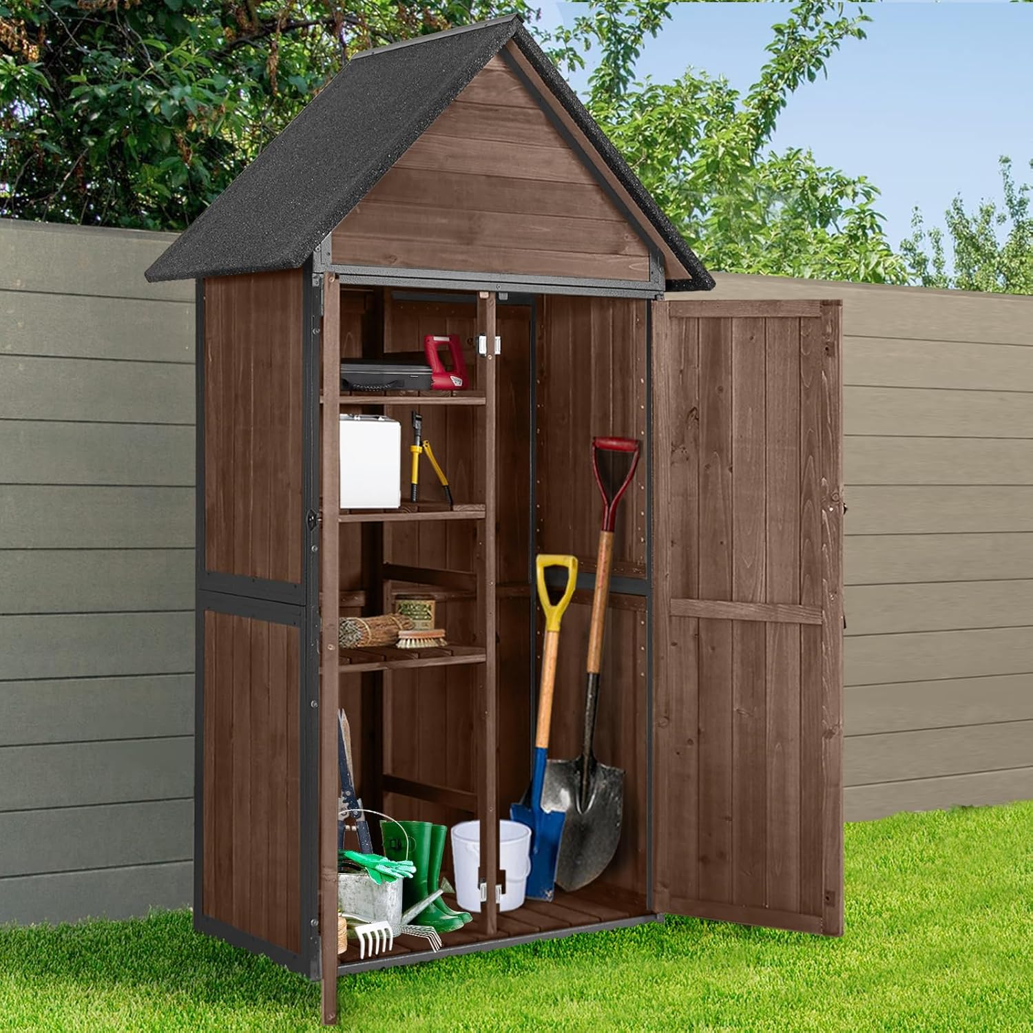 Sheds Outdoor Storage Garden Shed with Metal Frame Structure Adjustable Shelves Capacity Storage