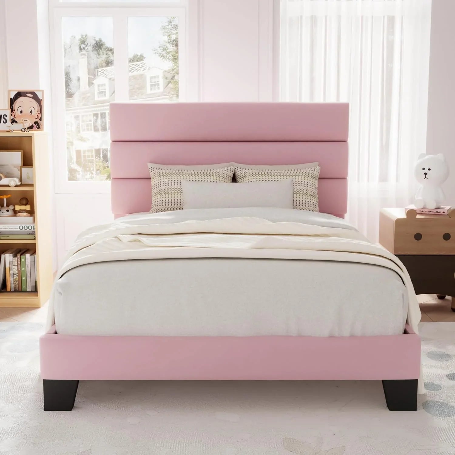 Allewie Queen Size Platform Bed Frame with Fabric Upholstered Headboard Wooden Slats Support