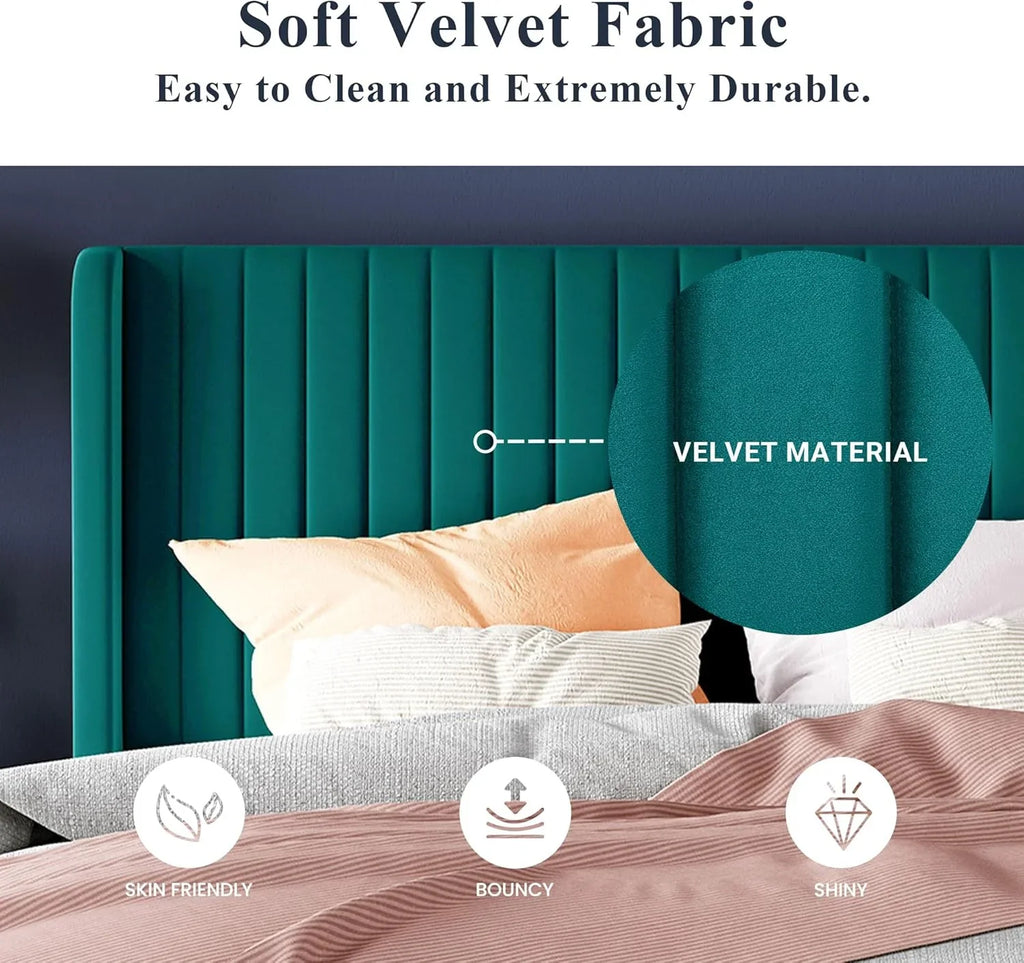 Allewie Full Size Velvet Bed Frame Vertical Channel Tufted Wingback Headboard Upholstered Bed