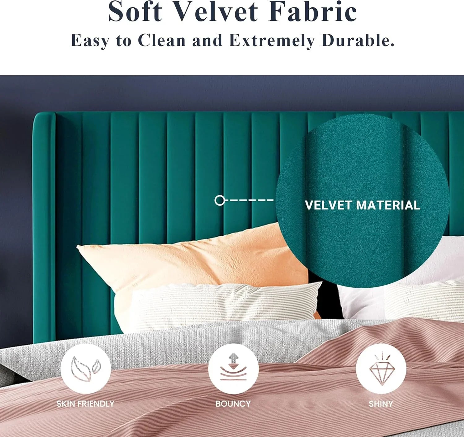 Allewie Full Size Velvet Bed Frame Vertical Channel Tufted Wingback Headboard Upholstered Bed