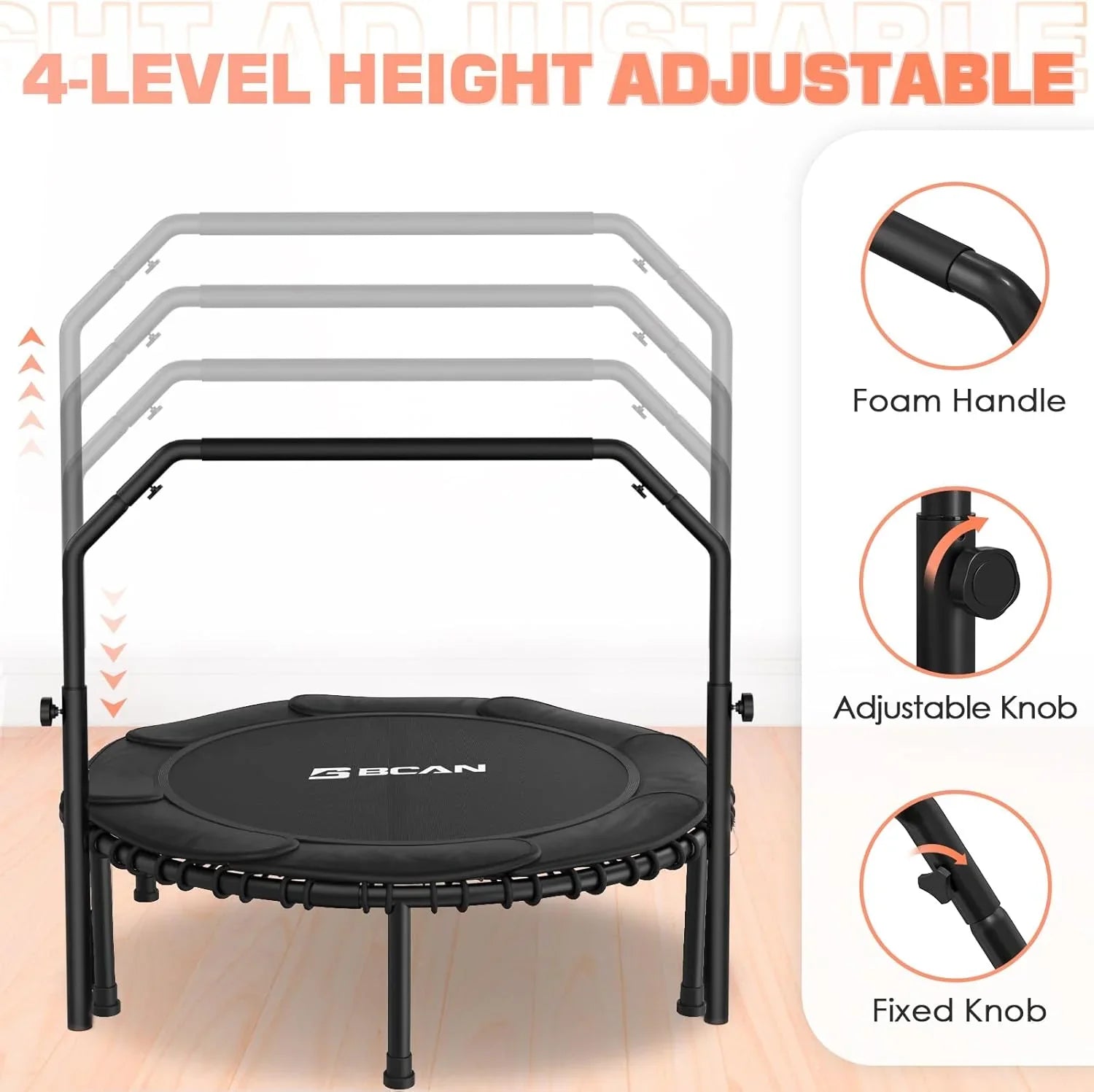 BCAN 450/550 LBS Foldable Mini Trampoline Fitness Trampoline Bungees Adjustable Foam Handle