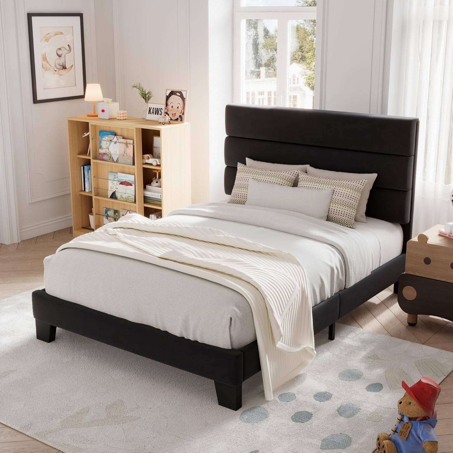 Allewie Queen Size Platform Bed Frame with Fabric Upholstered Headboard Wooden Slats Support