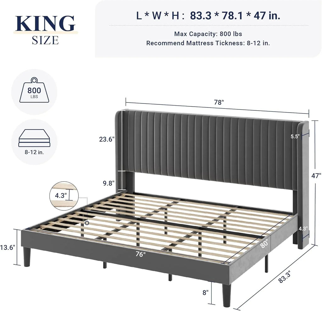 Allewie Full Size Velvet Bed Frame Vertical Channel Tufted Wingback Headboard Upholstered Bed