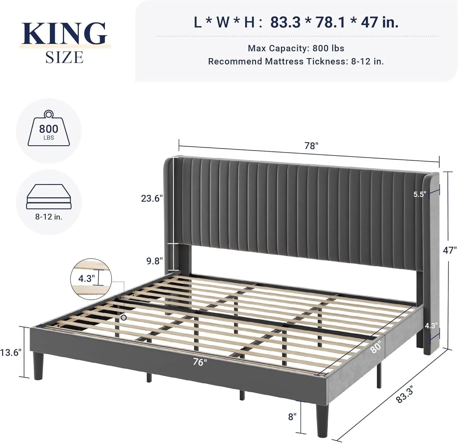 Allewie Full Size Velvet Bed Frame Vertical Channel Tufted Wingback Headboard Upholstered Bed