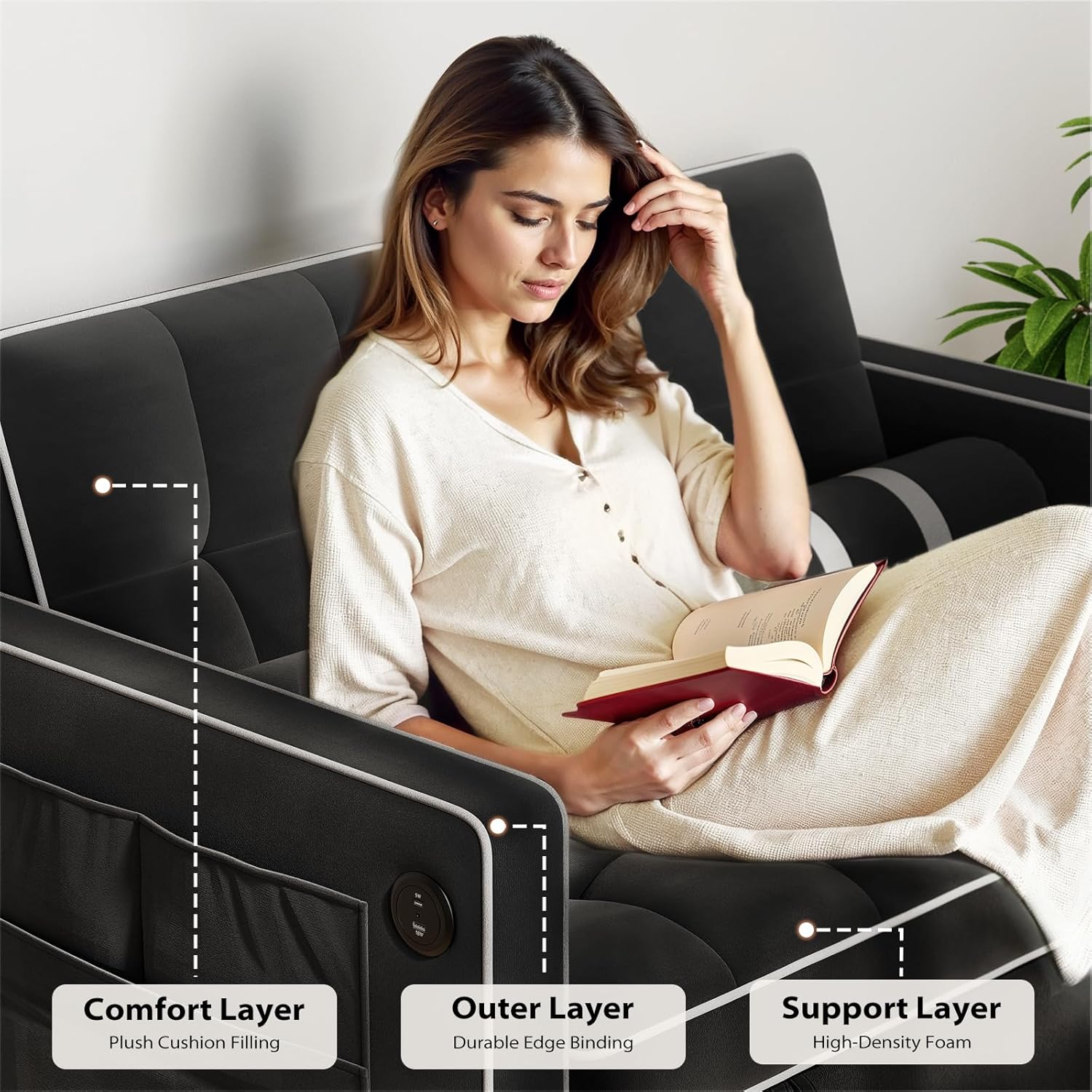 Pipishell 3 in 1 Convertible Sleeper Sofa Bed Pull Out Couch for Living Room USB Ports Side Pockets