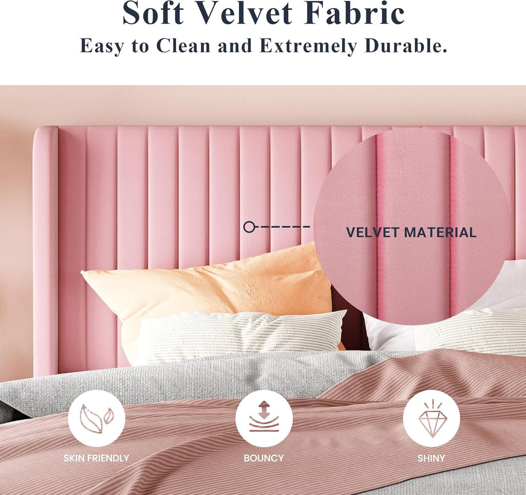 Allewie Full Size Velvet Bed Frame Vertical Channel Tufted Wingback Headboard Upholstered Bed
