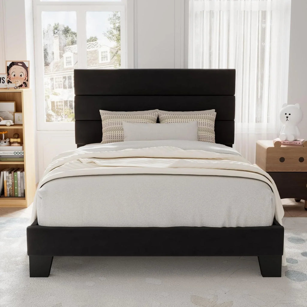 Allewie Queen Size Platform Bed Frame with Fabric Upholstered Headboard Wooden Slats Support