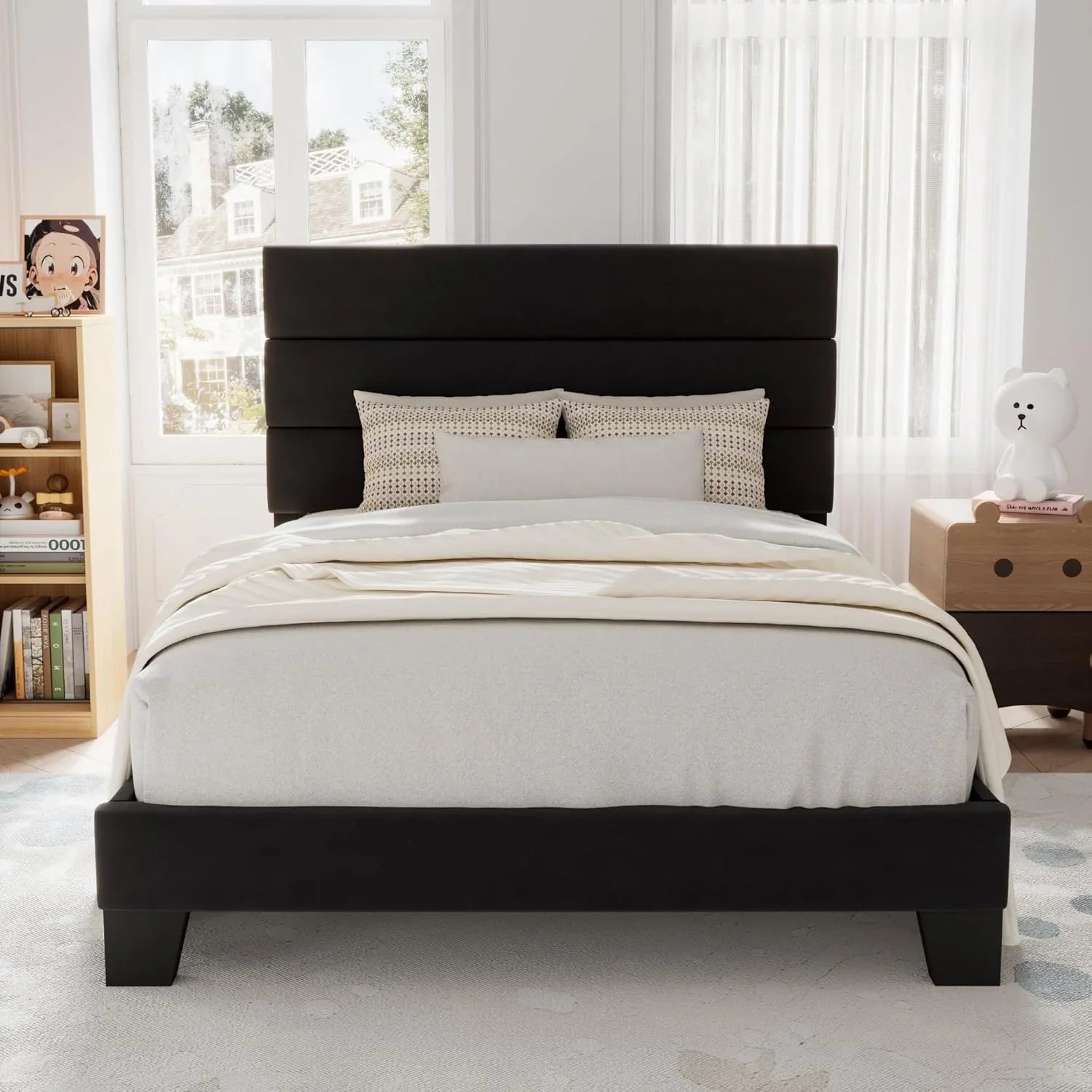 Allewie Queen Size Platform Bed Frame with Fabric Upholstered Headboard Wooden Slats Support