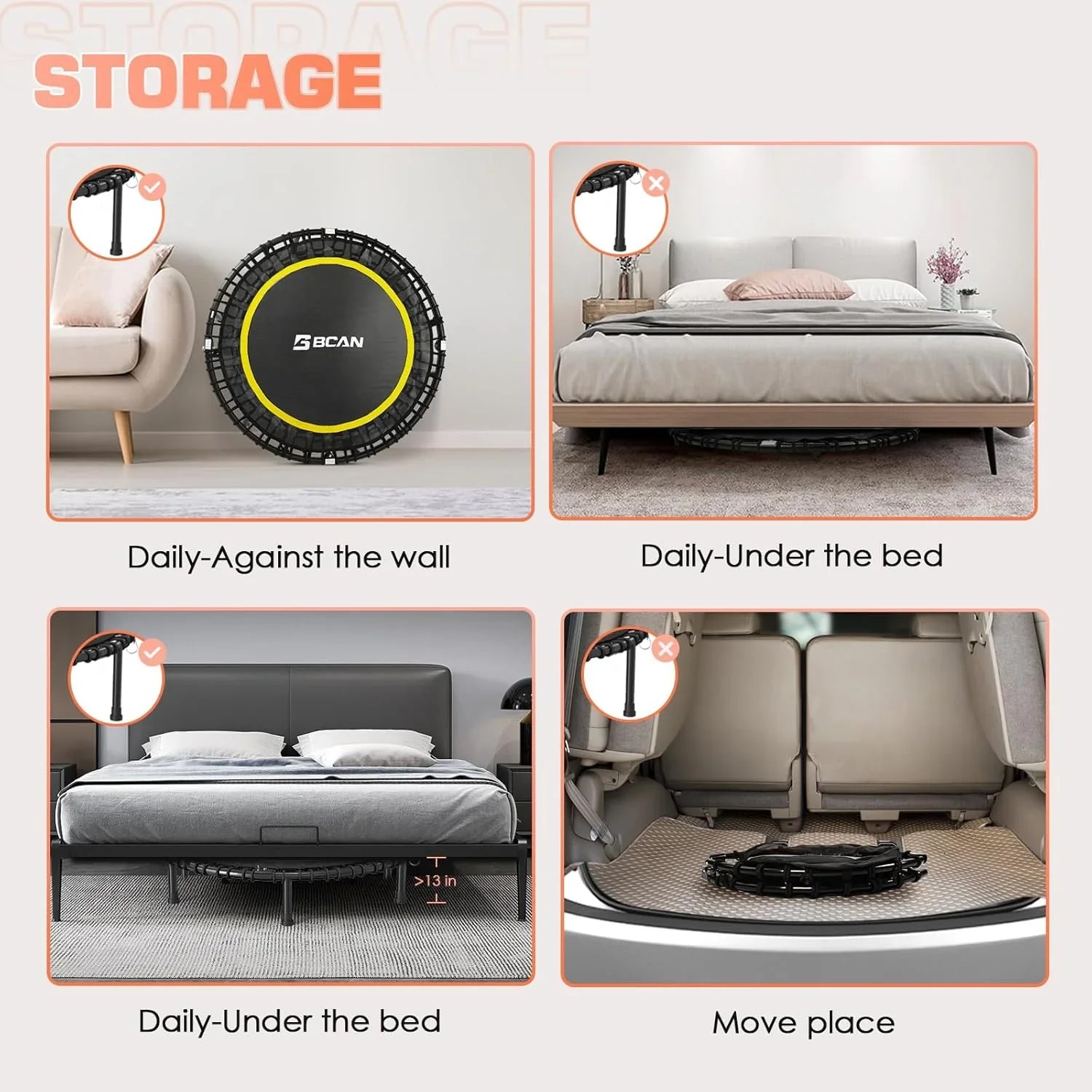 BCAN 450/550 LBS Foldable Mini Trampoline Fitness Trampoline Bungees Adjustable Foam Handle