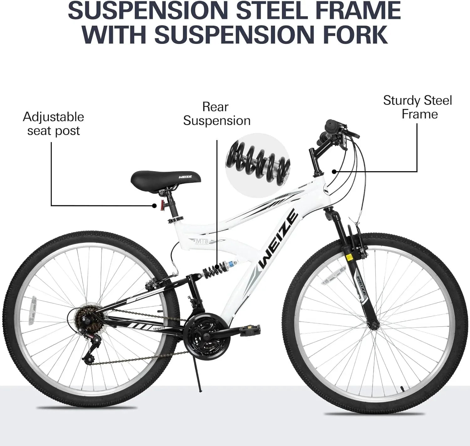 WEIZE Mountain Bike 26 27.5 inch Outdoor Hybrid Bikes 18-Speed High-Carbon Steel Full Suspension