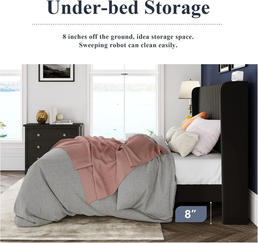 Allewie Full Size Velvet Bed Frame Vertical Channel Tufted Wingback Headboard Upholstered Bed