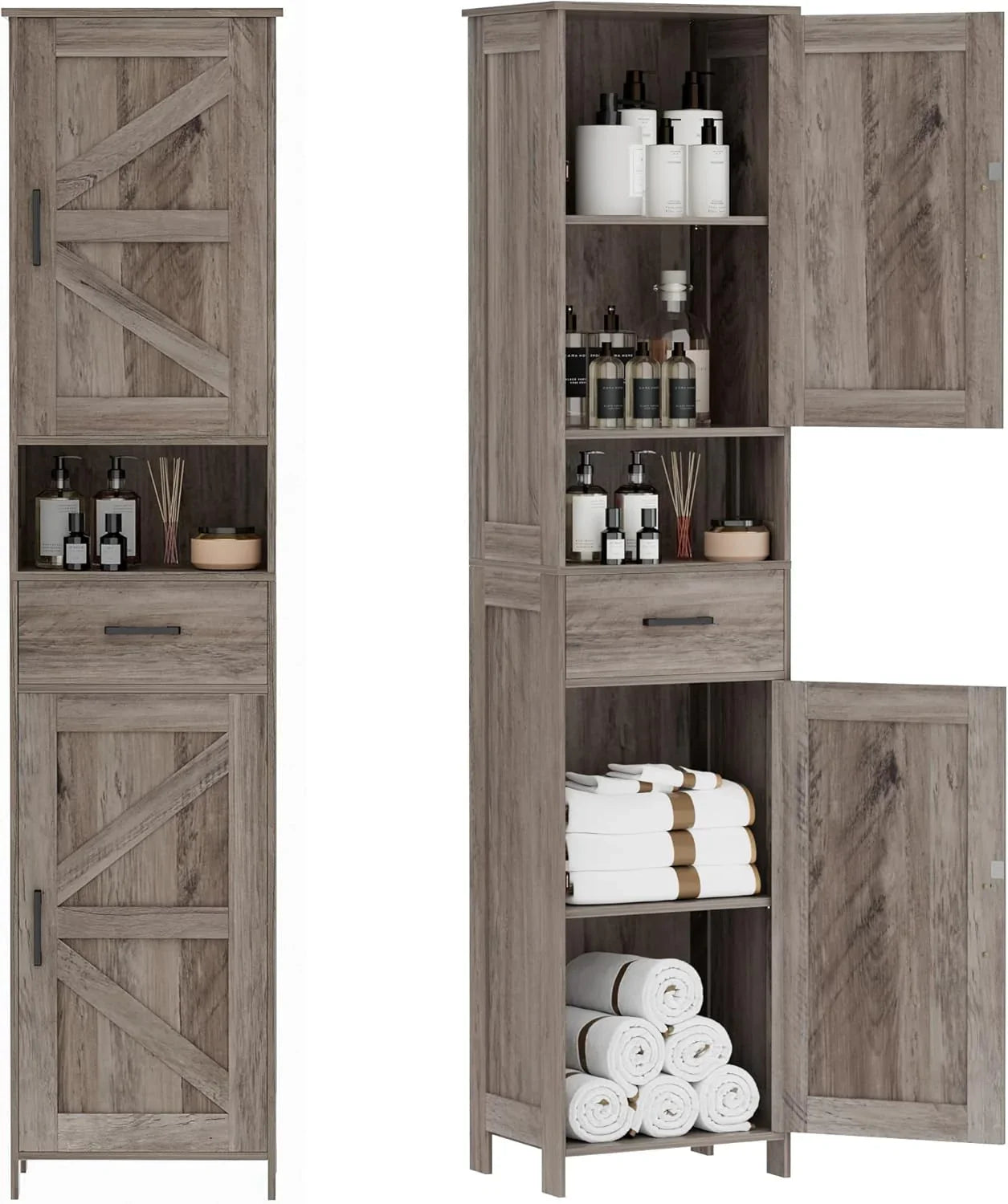 Homhedy 67" H Tall Bathroom Storage Cabinet with 2 Barn Doors and 1 Drawer Narrow Storage Unit