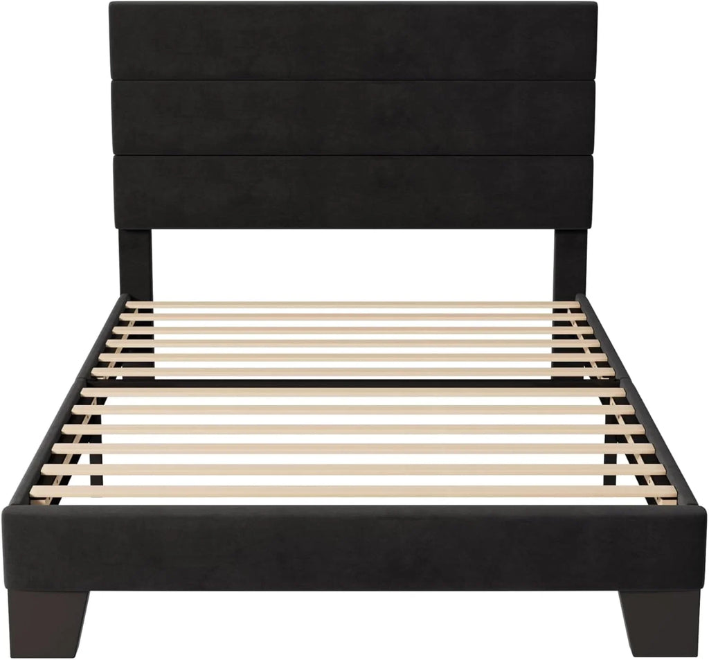 Allewie Queen Size Platform Bed Frame with Fabric Upholstered Headboard Wooden Slats Support