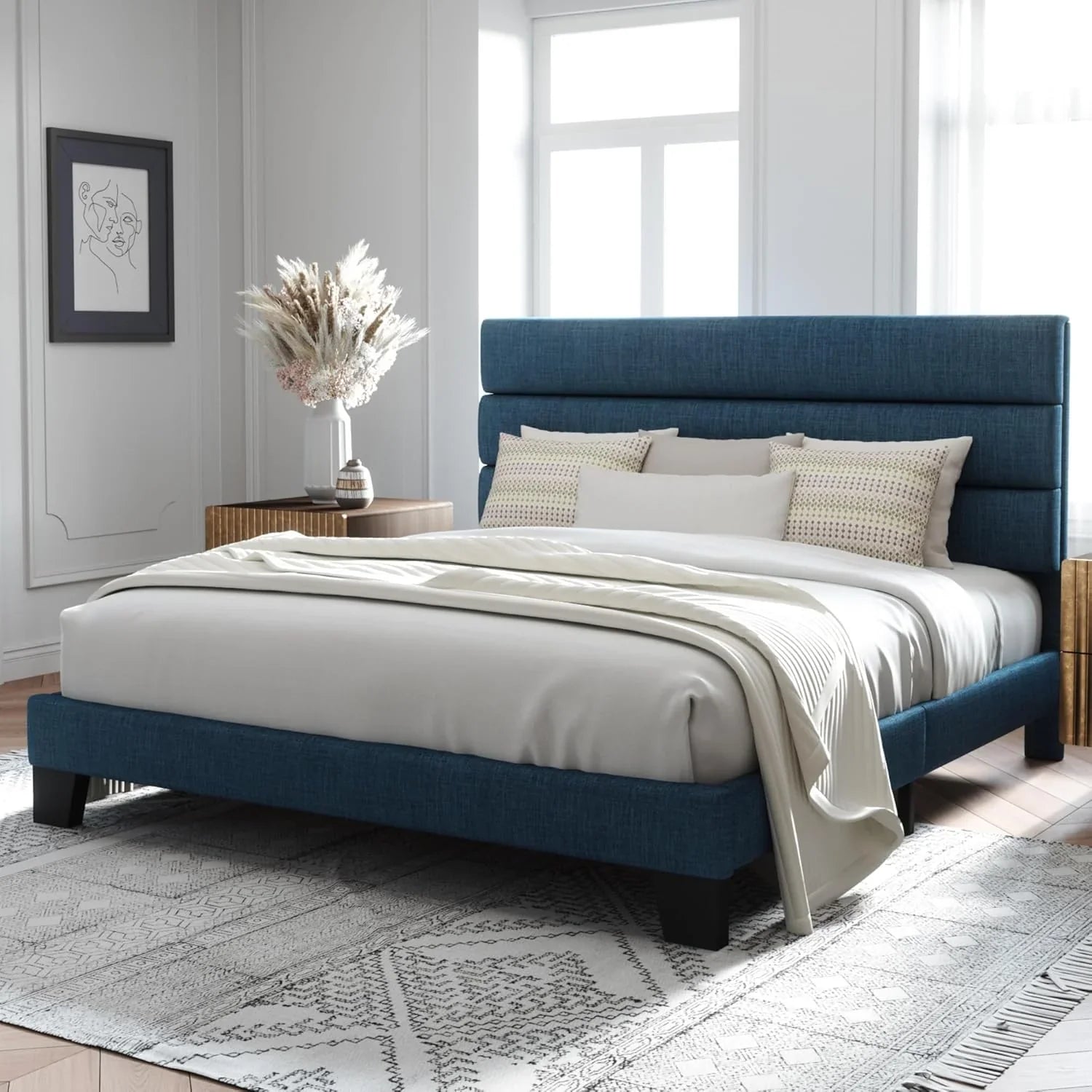Allewie Queen Size Platform Bed Frame with Fabric Upholstered Headboard Wooden Slats Support