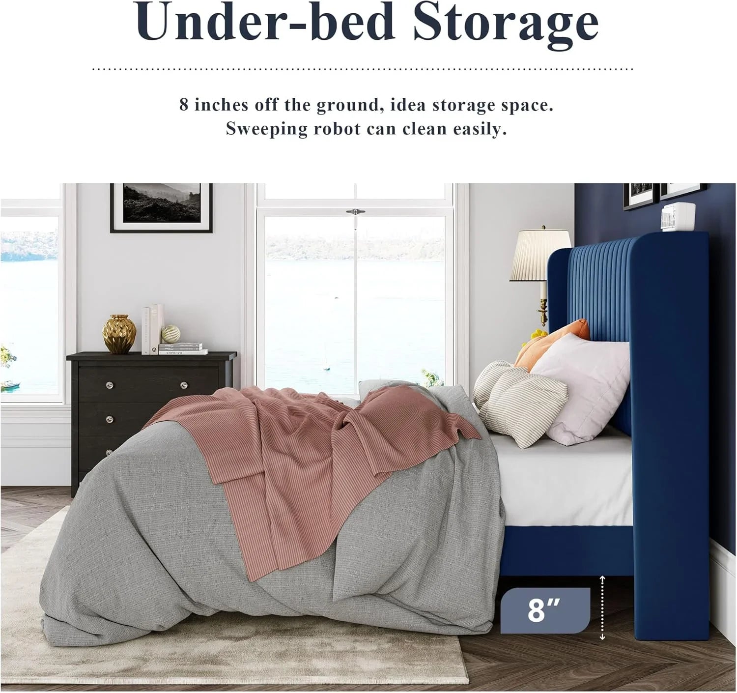 Allewie Full Size Velvet Bed Frame Vertical Channel Tufted Wingback Headboard Upholstered Bed