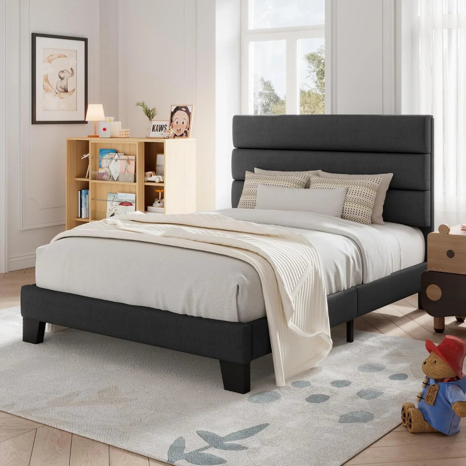 Allewie Queen Size Platform Bed Frame with Fabric Upholstered Headboard Wooden Slats Support