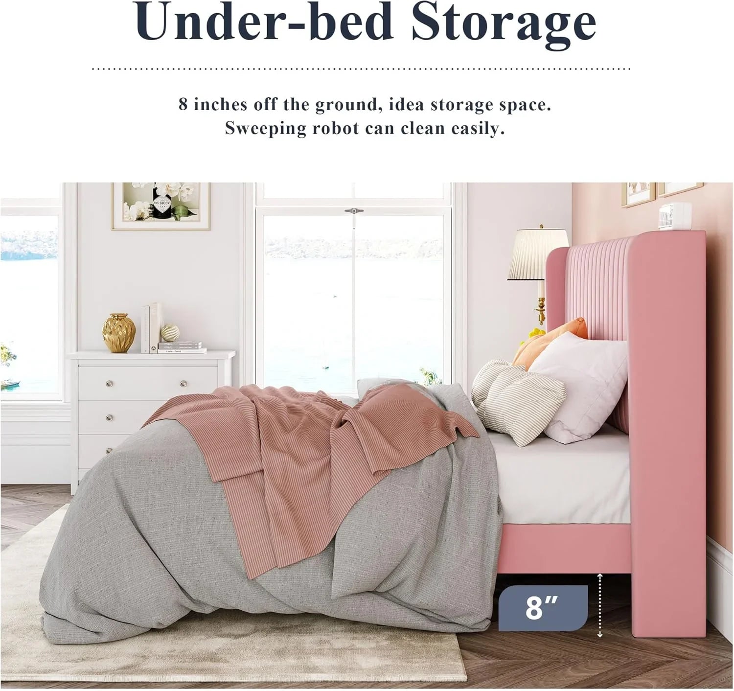 Allewie Full Size Velvet Bed Frame Vertical Channel Tufted Wingback Headboard Upholstered Bed