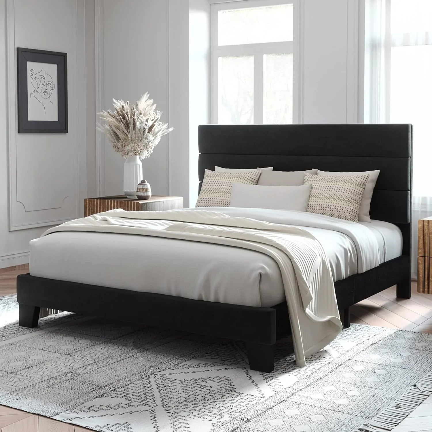 Allewie Queen Size Platform Bed Frame with Fabric Upholstered Headboard Wooden Slats Support