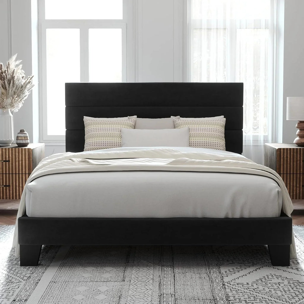 Allewie Queen Size Platform Bed Frame with Fabric Upholstered Headboard Wooden Slats Support