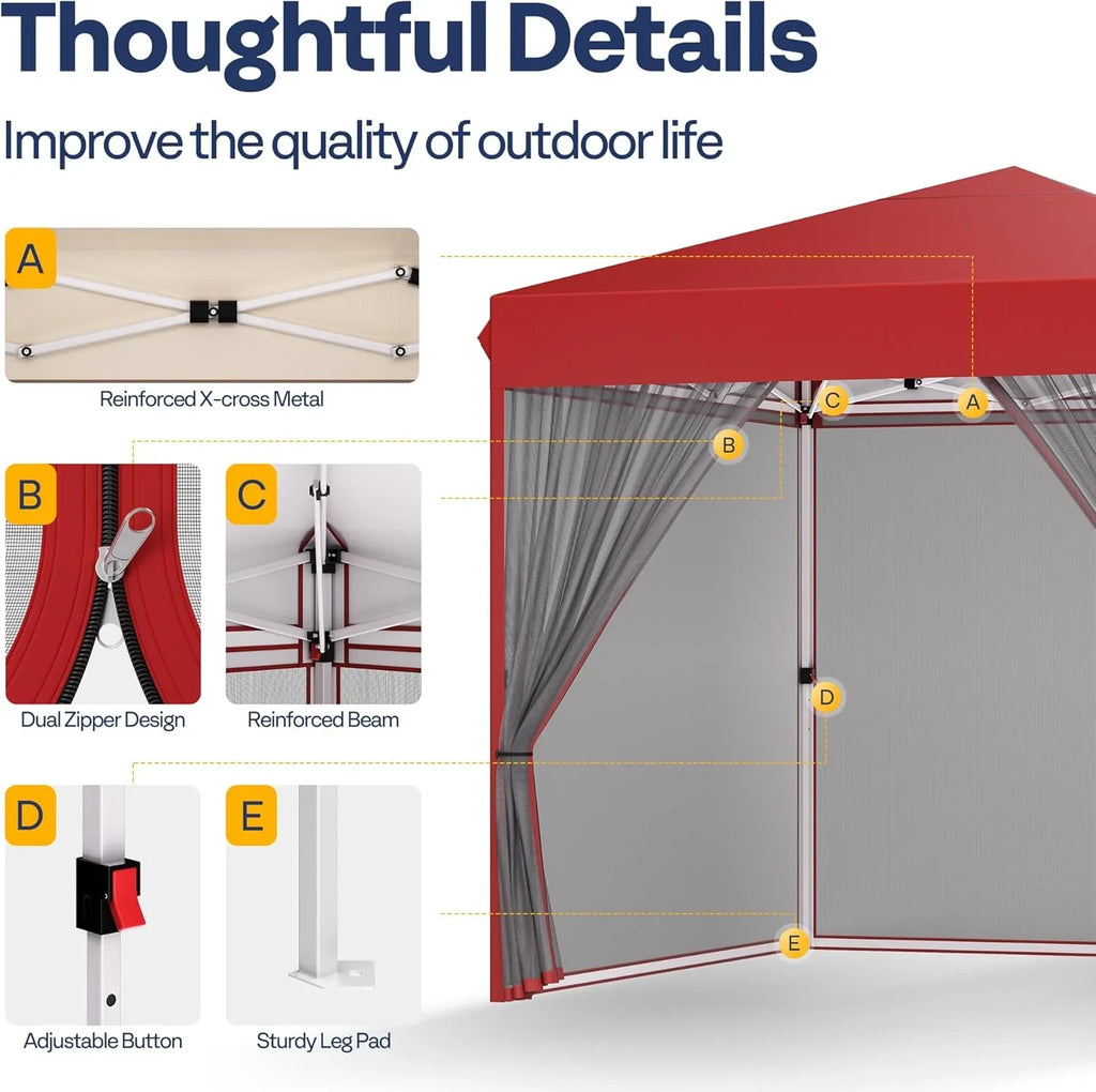 10x10ft Easy Pop-Up Canopy Outdoor Screen Tent with Mosquito Netting 2 Zipper Doors Roller Bag