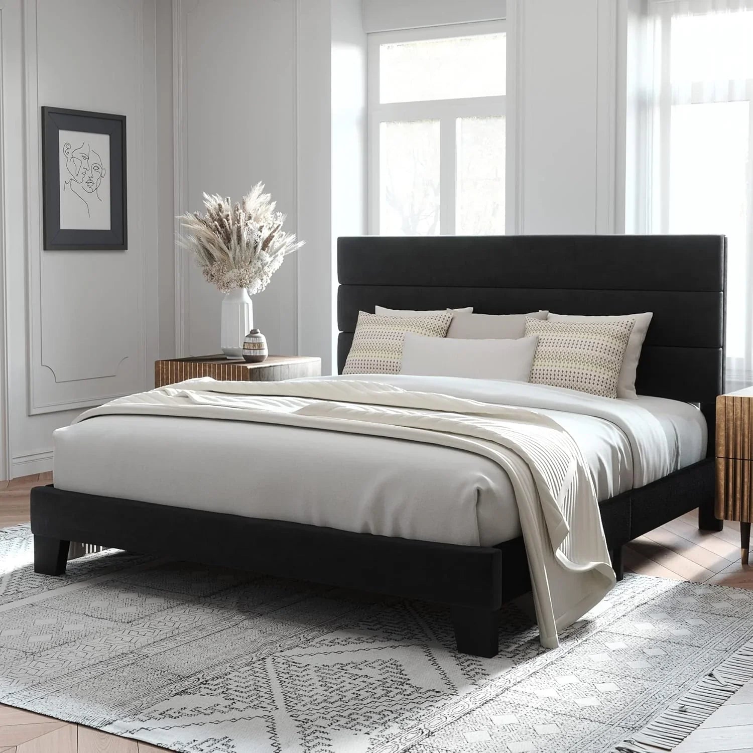 Allewie Queen Size Platform Bed Frame with Fabric Upholstered Headboard Wooden Slats Support