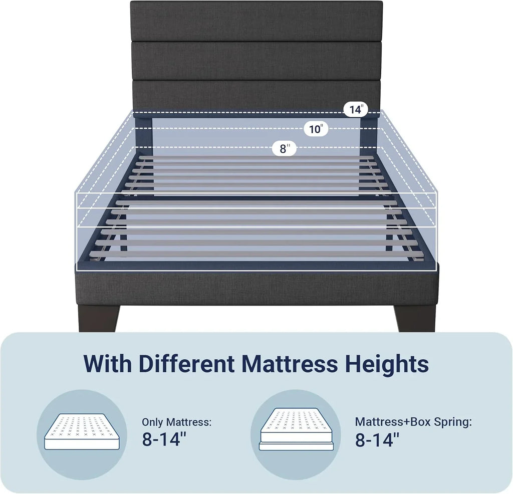 Allewie Queen Size Platform Bed Frame with Fabric Upholstered Headboard Wooden Slats Support