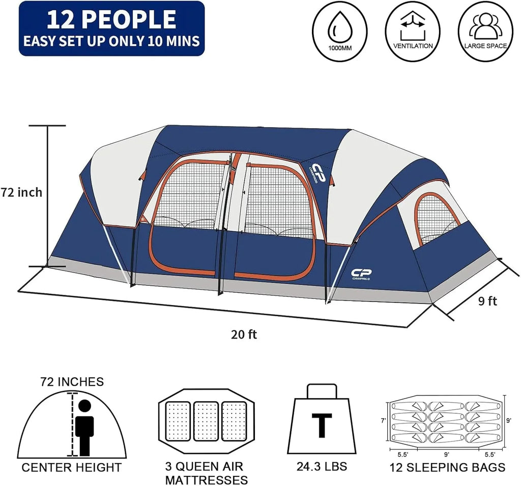 CAMPROS CP Tent 12-Person-Camping-Tents 3 Room Family Tents Waterproof Family Tent