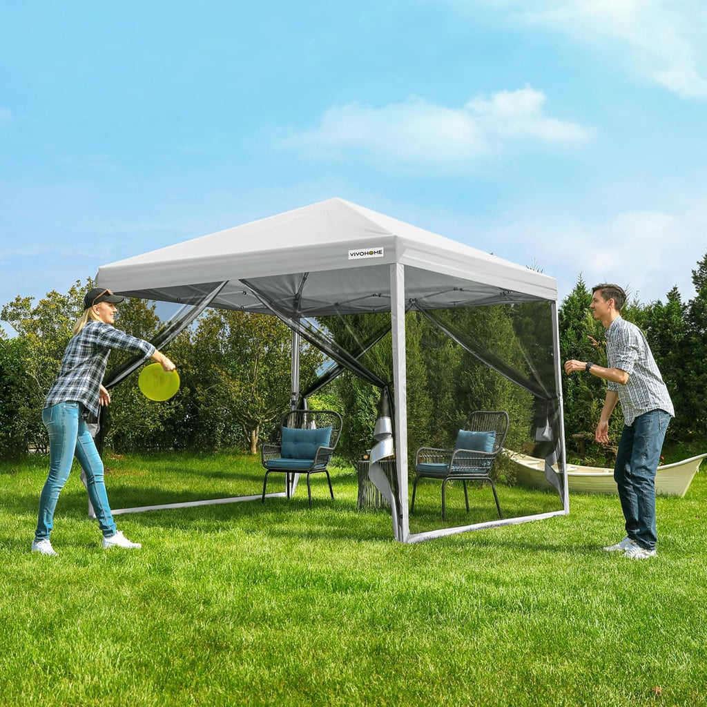 10x10ft Easy Pop-Up Canopy Outdoor Screen Tent with Mosquito Netting 2 Zipper Doors Roller Bag
