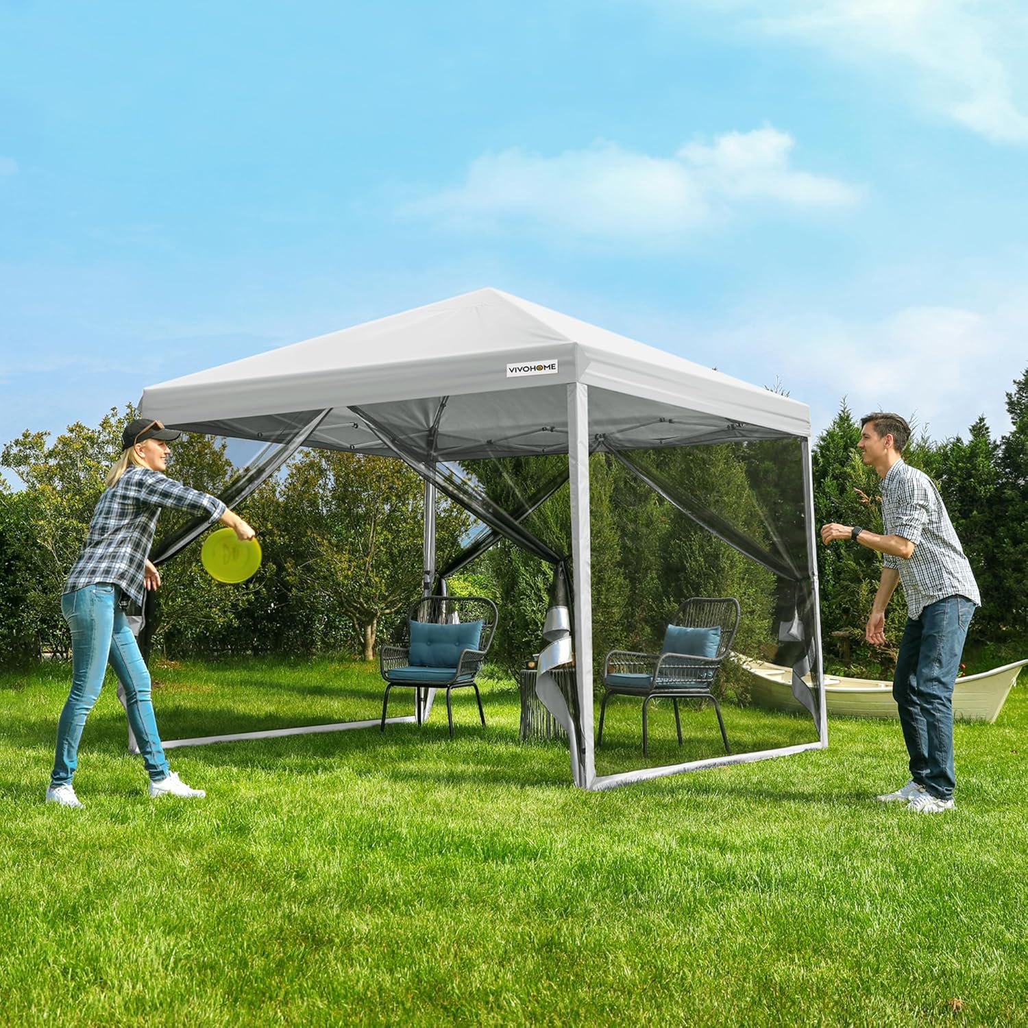 10x10ft Easy Pop-Up Canopy Outdoor Screen Tent with Mosquito Netting 2 Zipper Doors Roller Bag