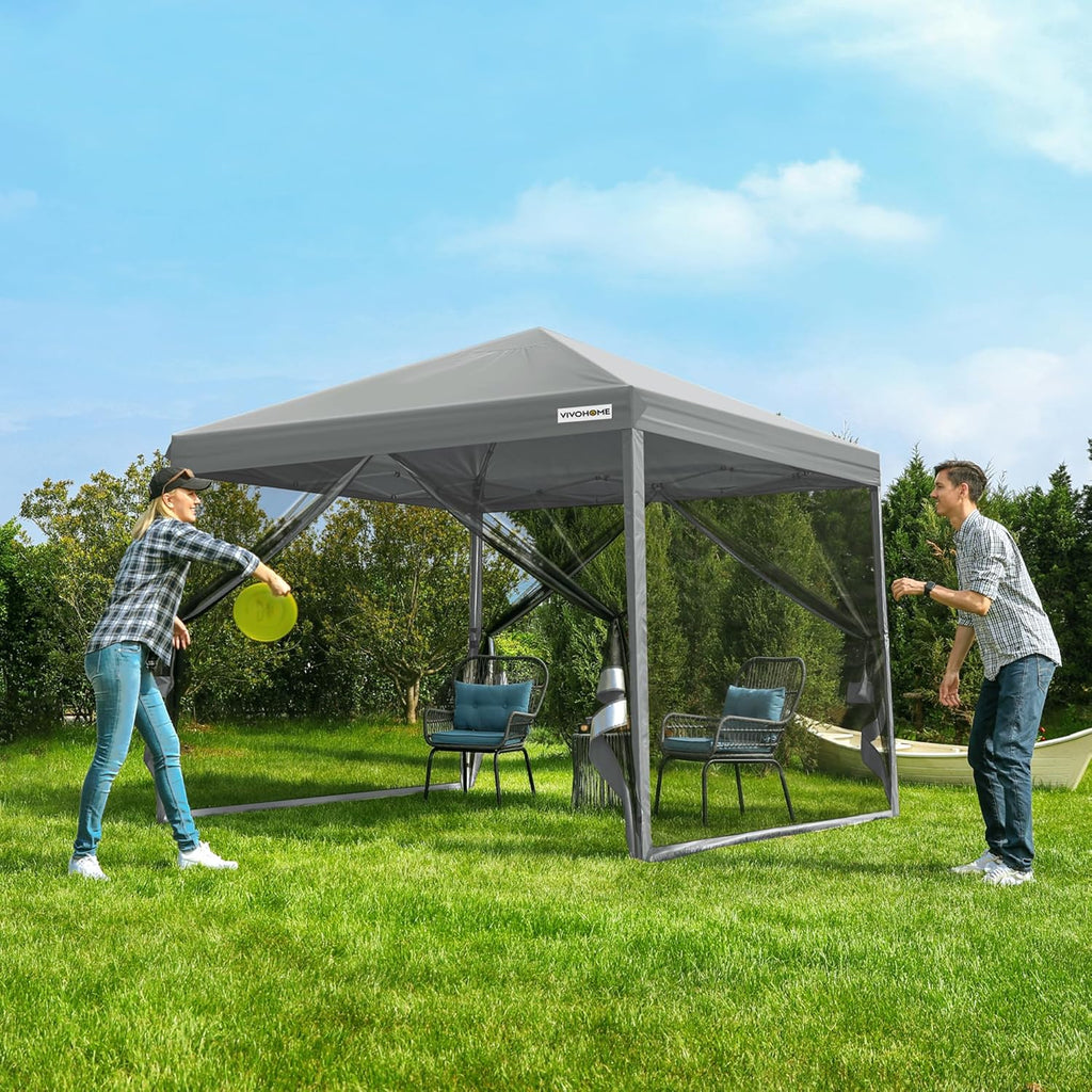 10x10ft Easy Pop-Up Canopy Outdoor Screen Tent with Mosquito Netting 2 Zipper Doors Roller Bag