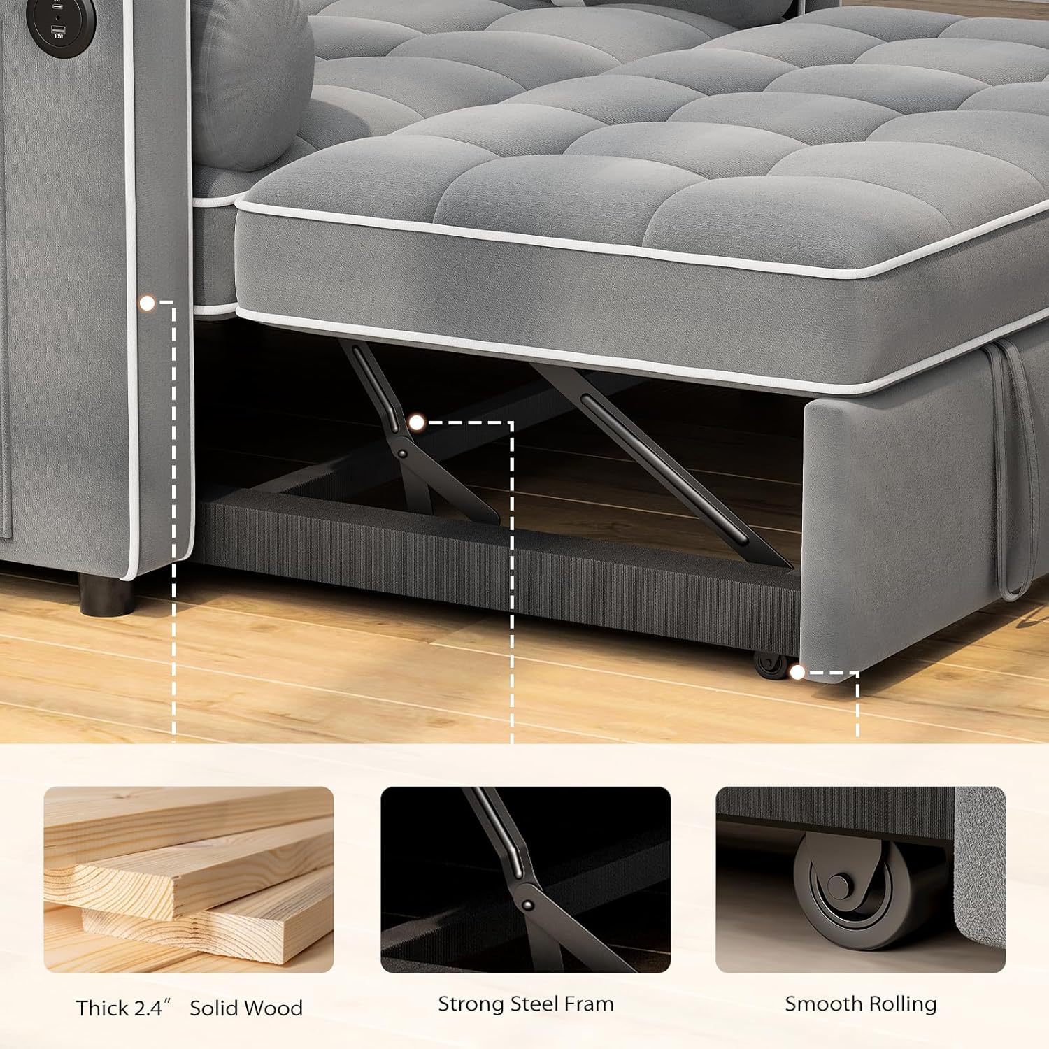 Pipishell 3 in 1 Convertible Sleeper Sofa Bed Pull Out Couch for Living Room USB Ports Side Pockets