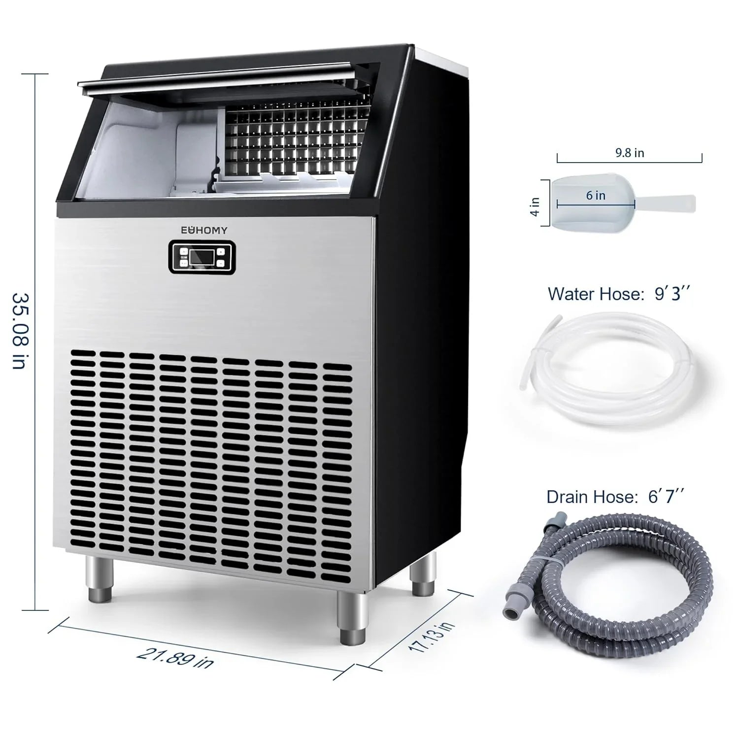 EUHOMY Commercial Ice Maker Machine 100lbs/24H Stainless Steel Under Counter ice Machine