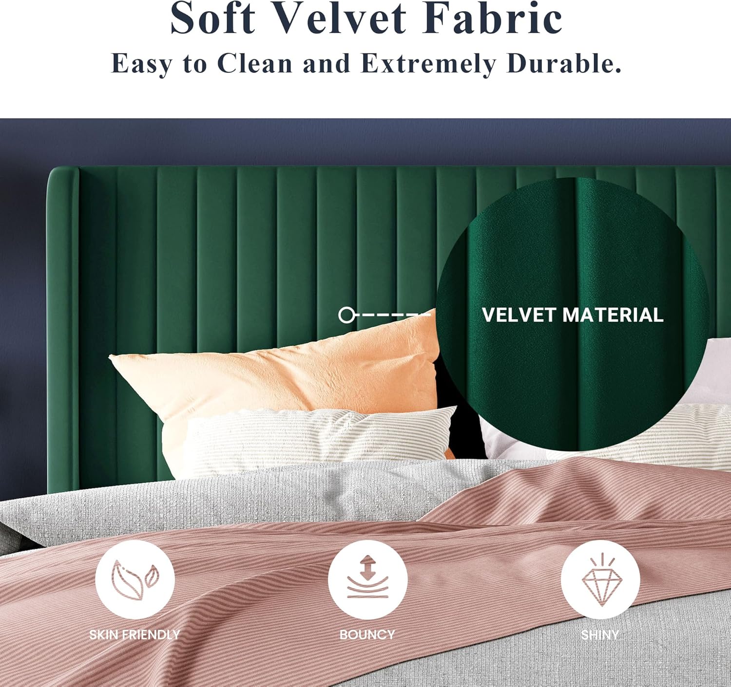 Allewie Full Size Velvet Bed Frame Vertical Channel Tufted Wingback Headboard Upholstered Bed