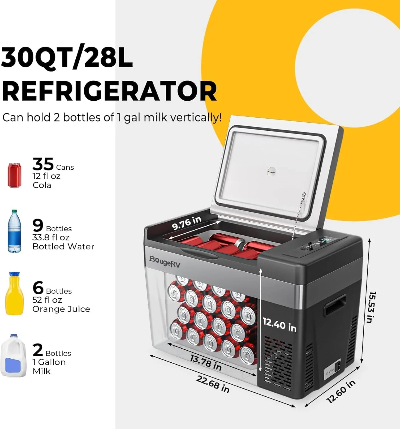 BougeRV 12 Volt Refrigerator 12V Car Fridge 23 Quart Portable Freezer Compressor Cooler