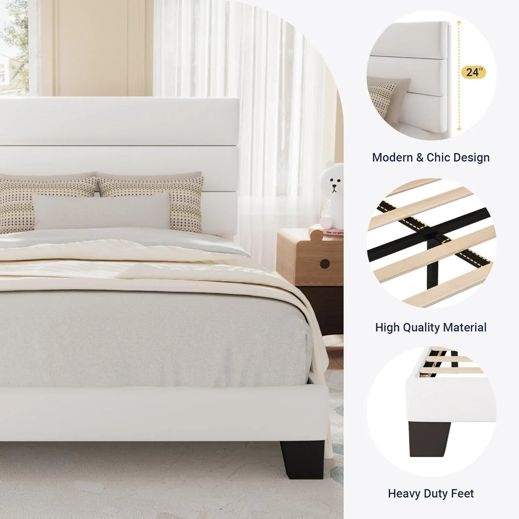 Allewie Queen Size Platform Bed Frame with Fabric Upholstered Headboard Wooden Slats Support