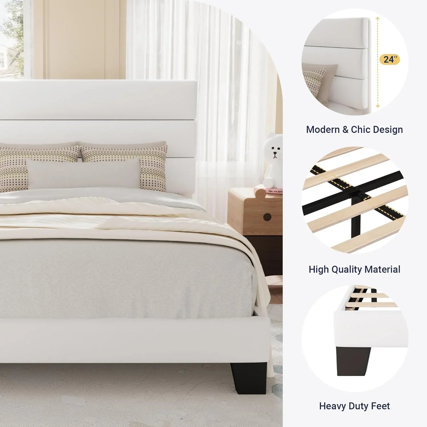 Allewie Queen Size Platform Bed Frame with Fabric Upholstered Headboard Wooden Slats Support