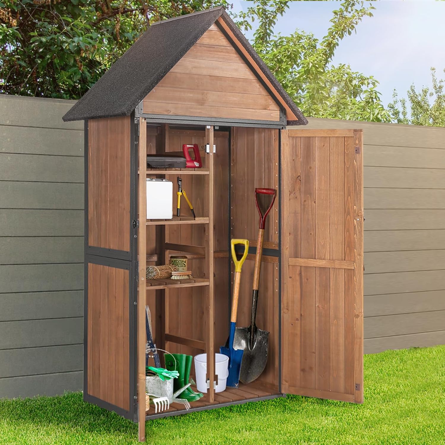 Sheds Outdoor Storage Garden Shed with Metal Frame Structure Adjustable Shelves Capacity Storage