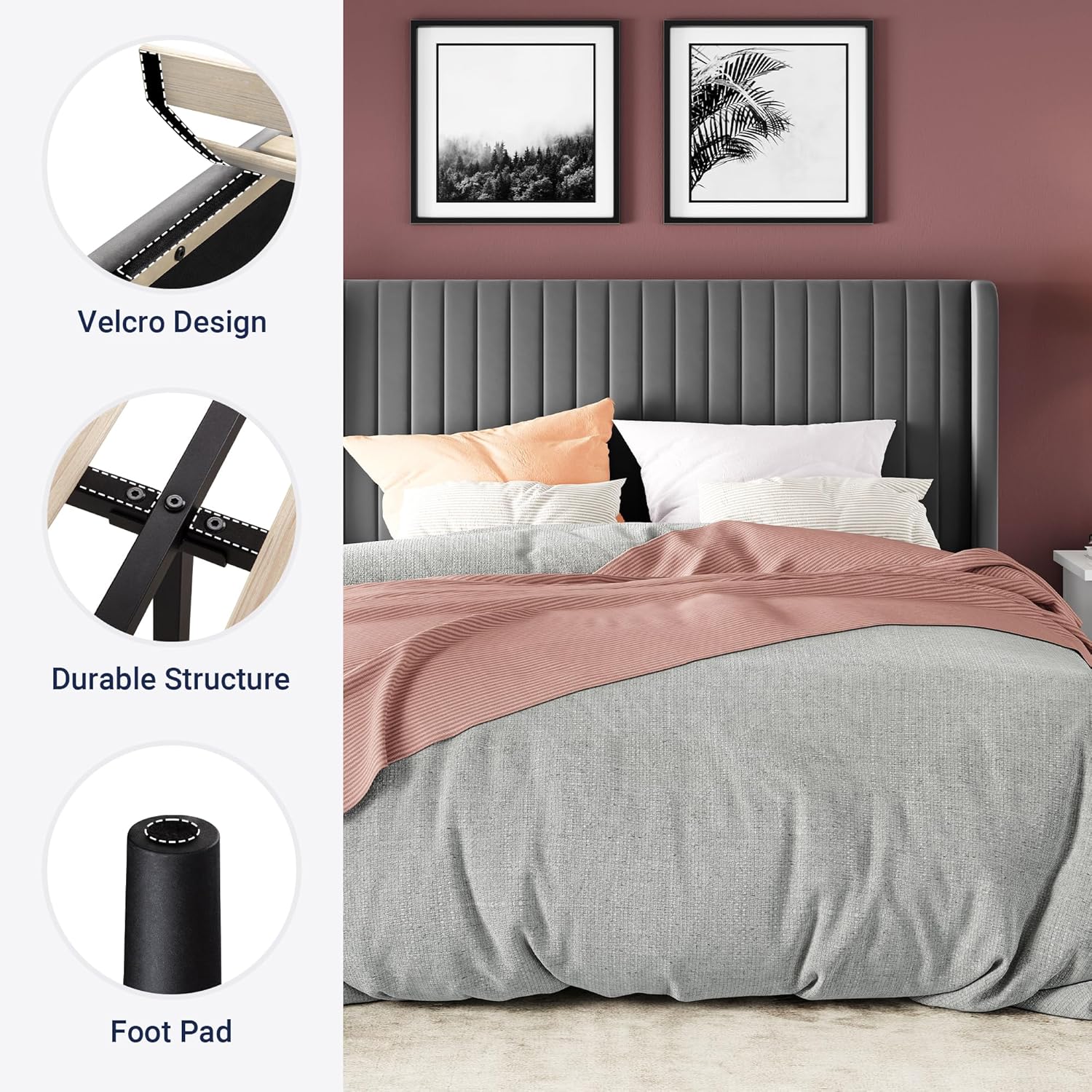 Allewie Full Size Velvet Bed Frame Vertical Channel Tufted Wingback Headboard Upholstered Bed