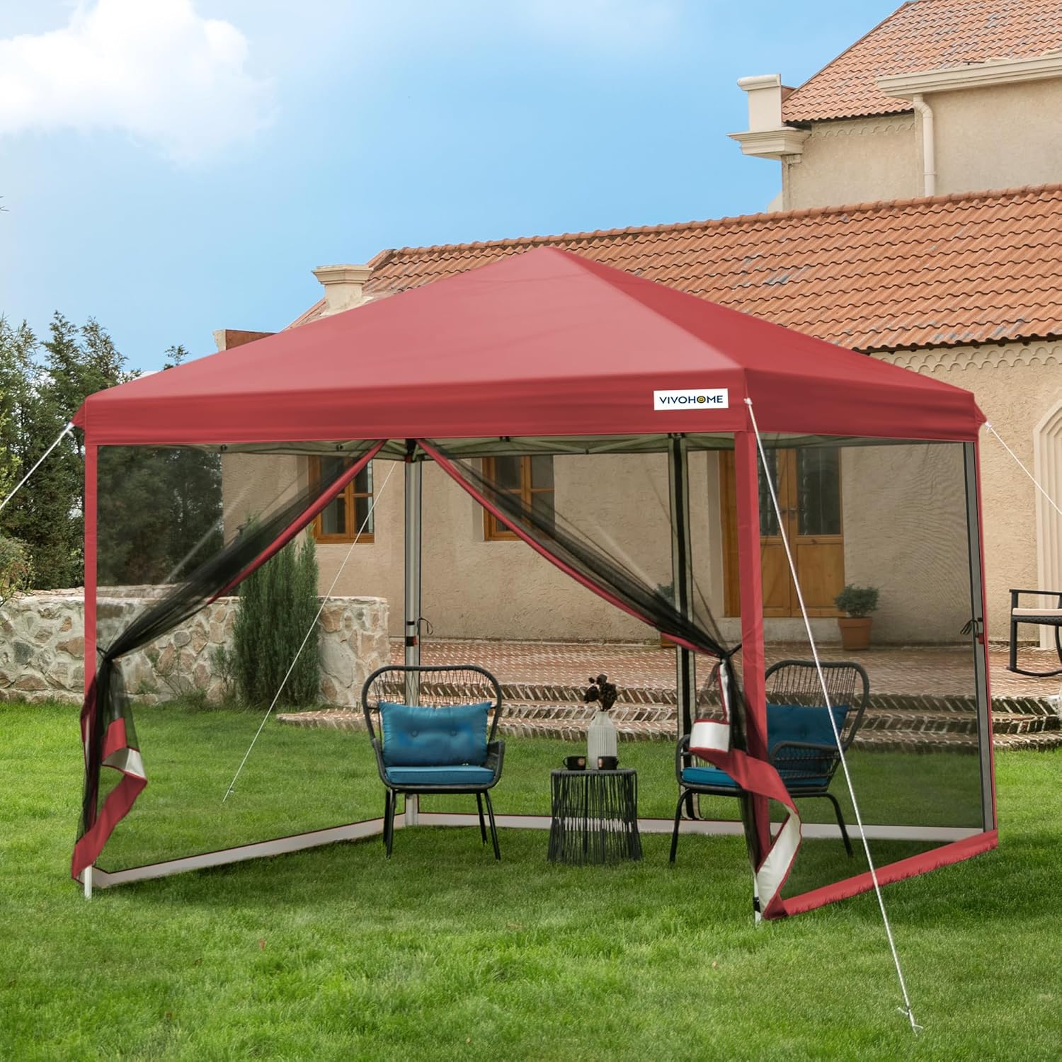10x10ft Easy Pop-Up Canopy Outdoor Screen Tent with Mosquito Netting 2 Zipper Doors Roller Bag