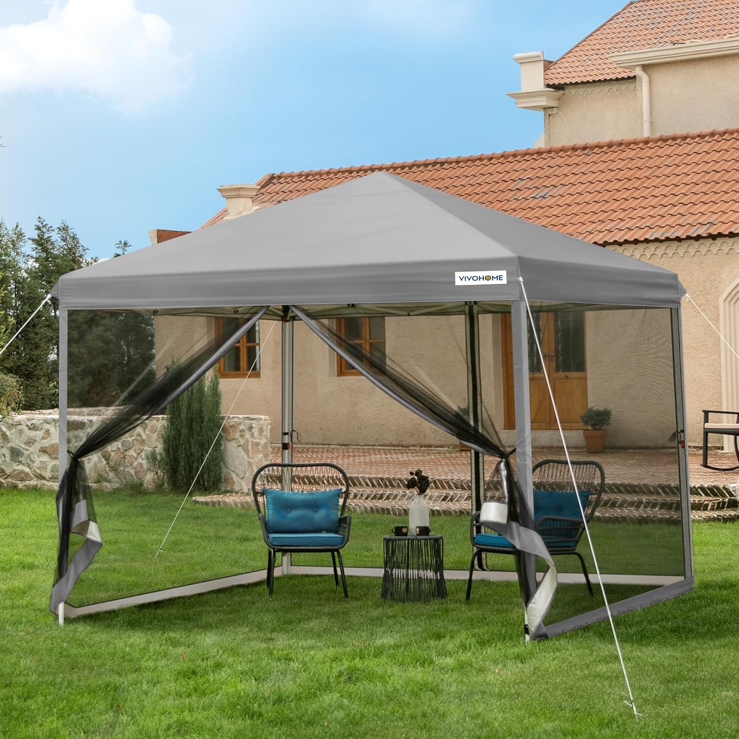 10x10ft Easy Pop-Up Canopy Outdoor Screen Tent with Mosquito Netting 2 Zipper Doors Roller Bag