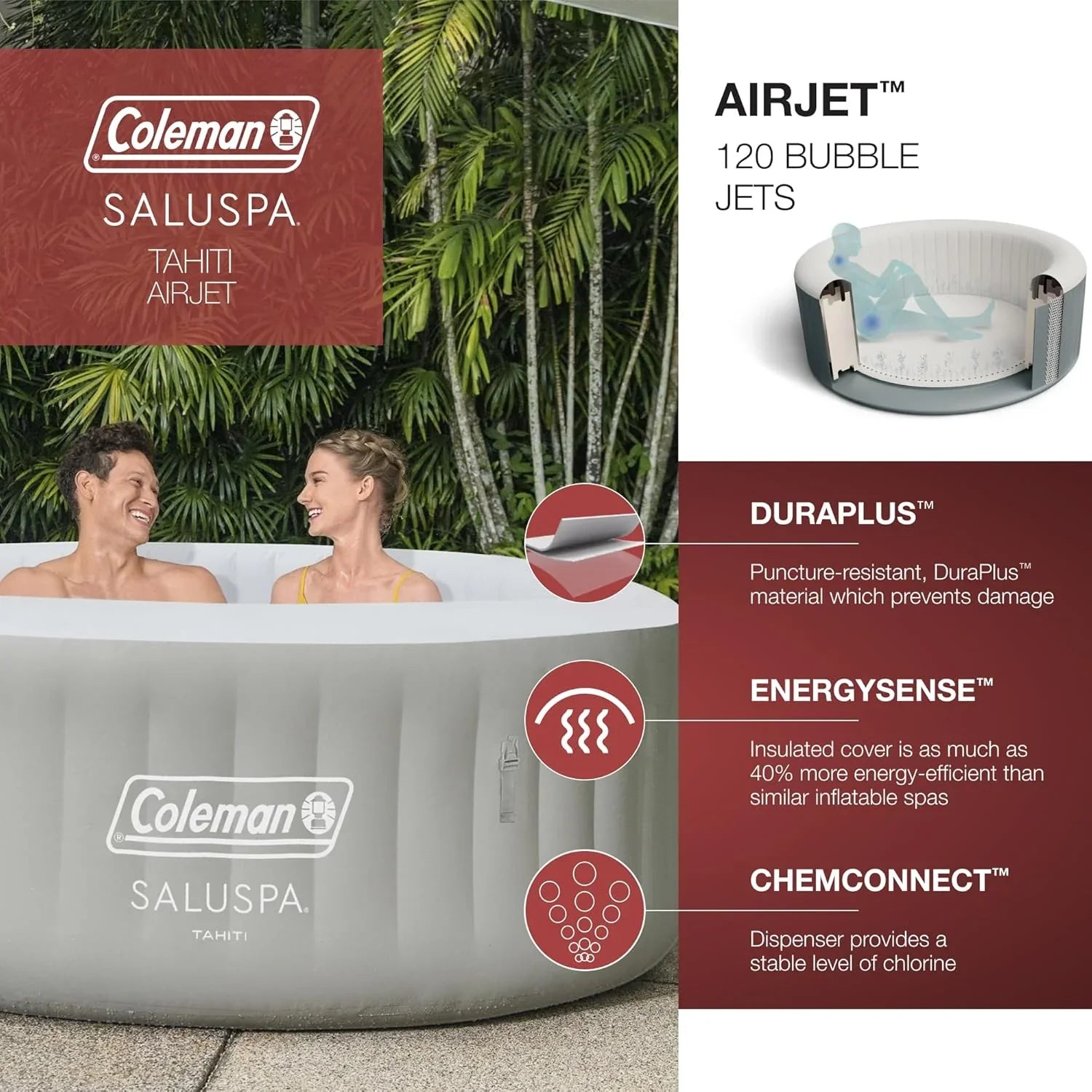 Bestway Palm Springs 4 to 6 Person EnergySense Smart AirJet Plus Inflatable Hot Tub Outdoor Spa